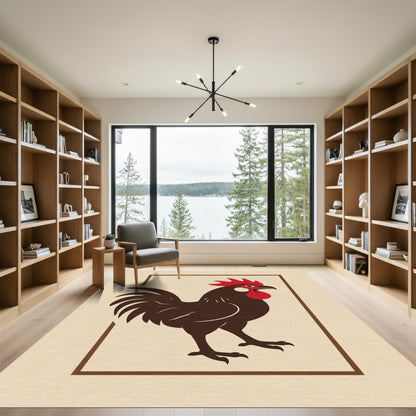 Bold Crimson Rooster Folk Art Rug