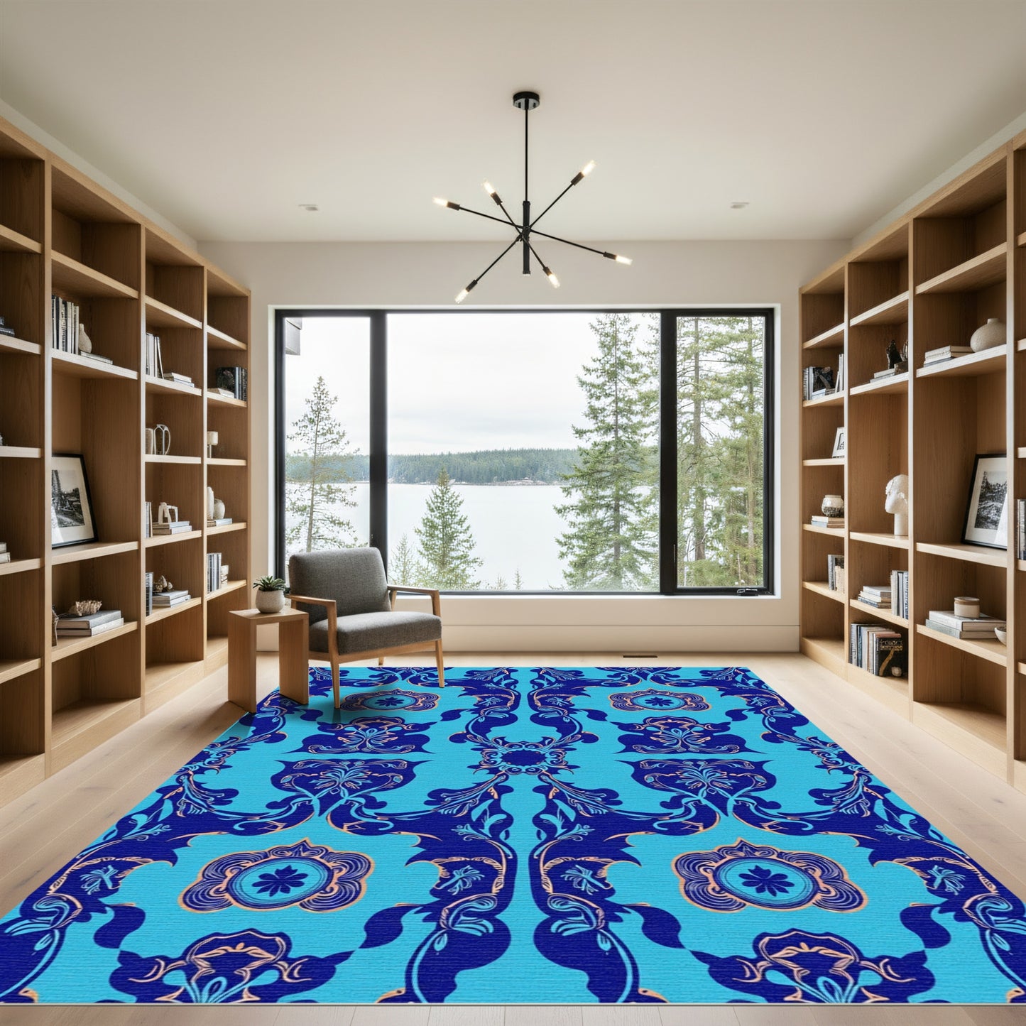 Navy Blue Coral Scrollwork Medallion Rug