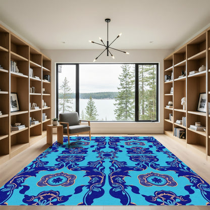Navy Blue Coral Scrollwork Medallion Rug