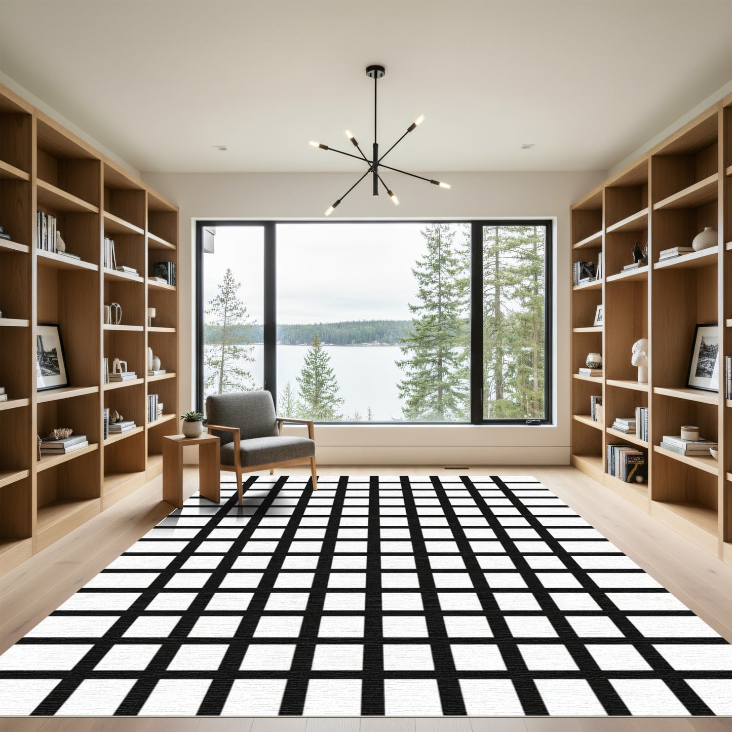 Modern Black White Grid Rug