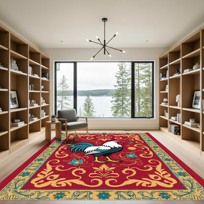 Bold Red Rooster Floral Border Rug