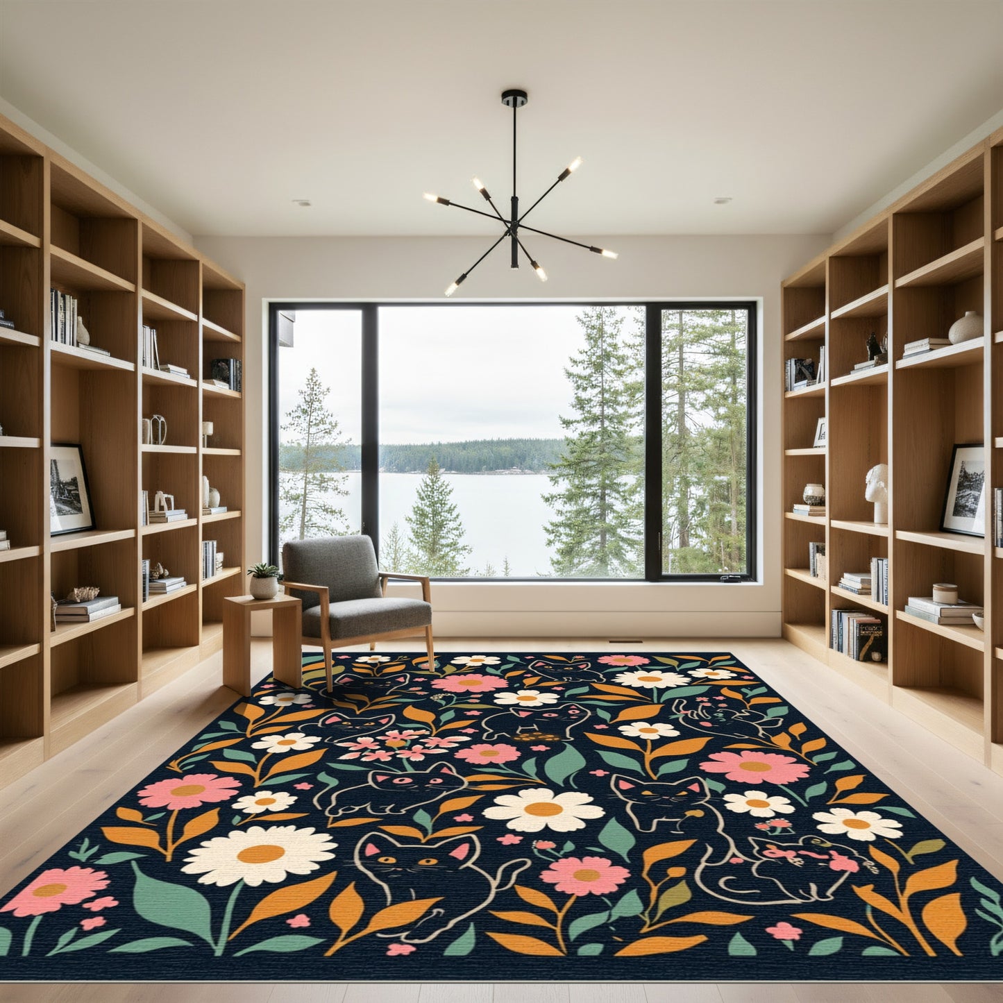 Black Cats And Blooms Floral Rug