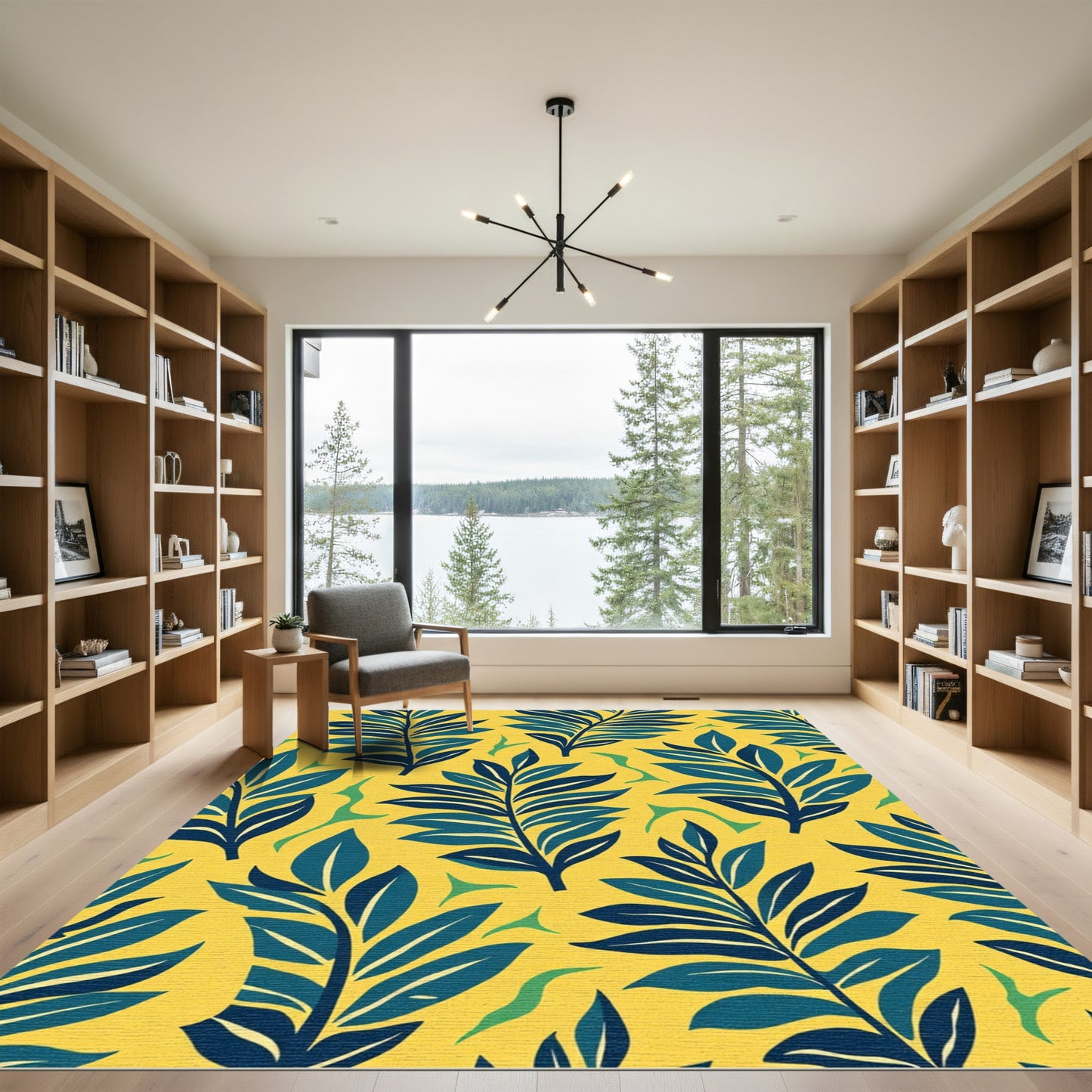 Yellow Blue Leafy Tropical Composition Rug