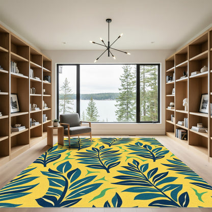 Yellow Blue Leafy Tropical Composition Rug