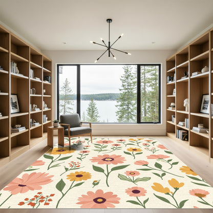 Pink Yellow Meadow Floral Garden Rug