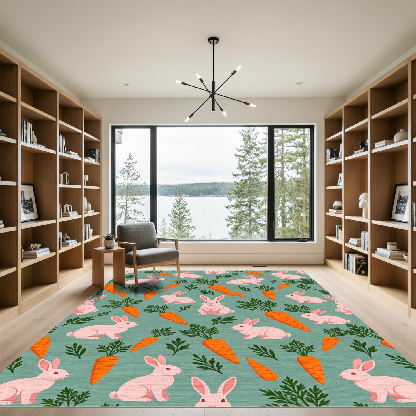 Whimsical Pastel Pink Bunny Carrot Meadow Rug