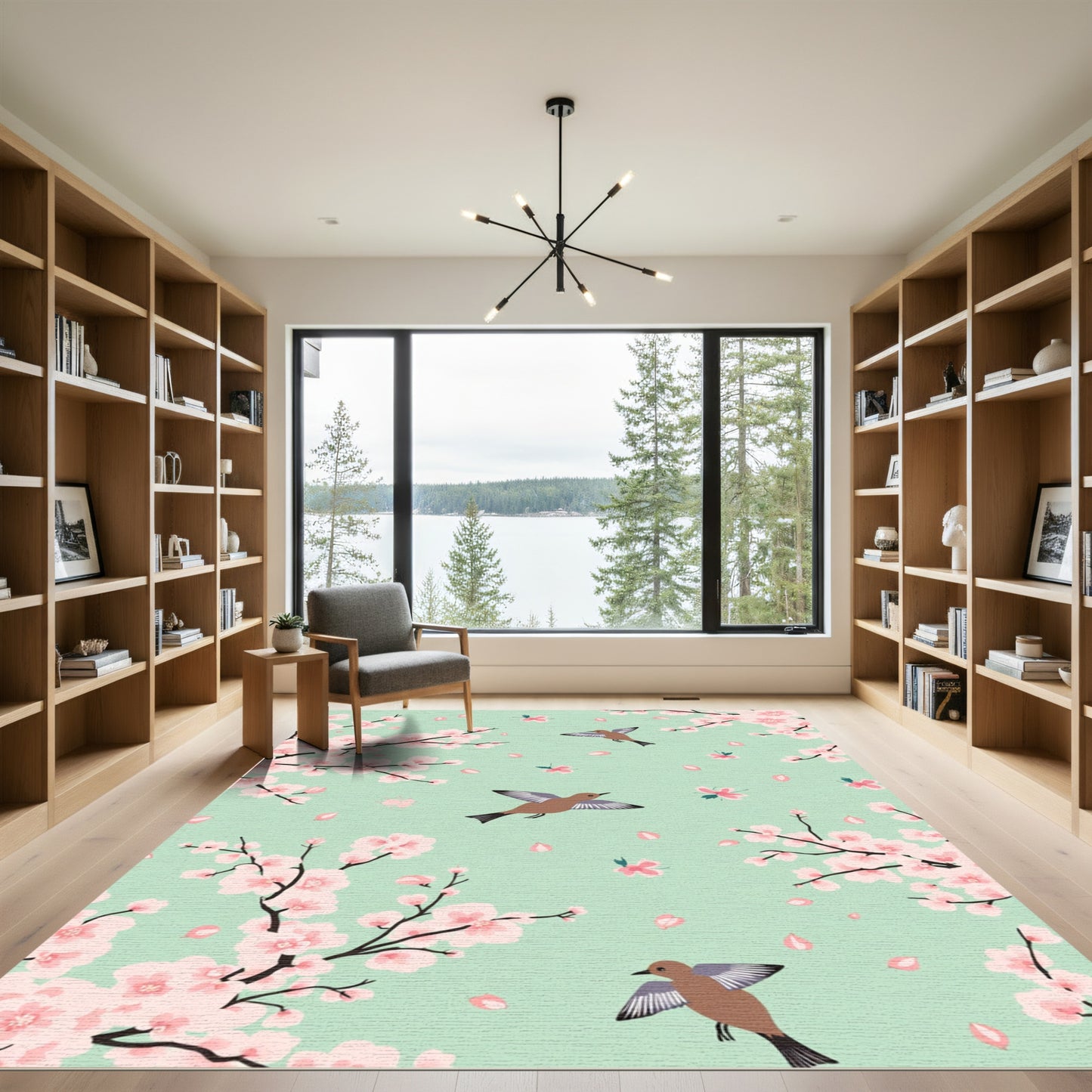 Light Green Pink Blossom Bird Collection Rug