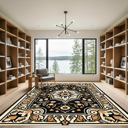 Intricate Black Gold Floral Medallion Rug