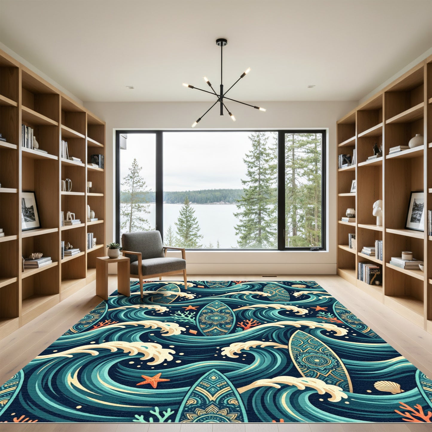 Teal Ocean Wave Surfboard Mandala Rug