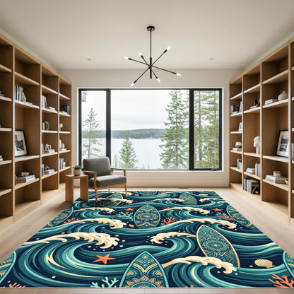 Teal Ocean Wave Surfboard Mandala Rug