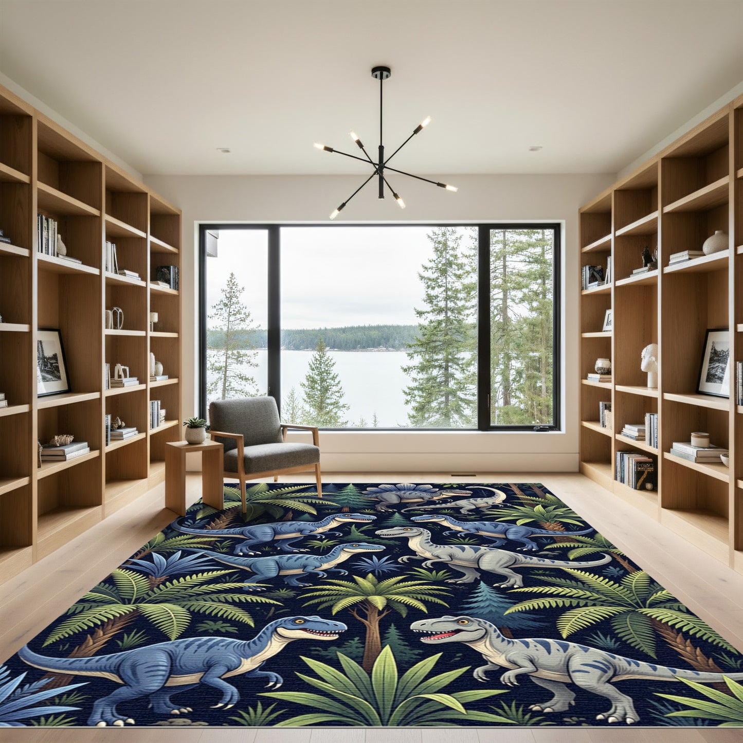 Playful Blue Dinosaur Tropical Forest Rug