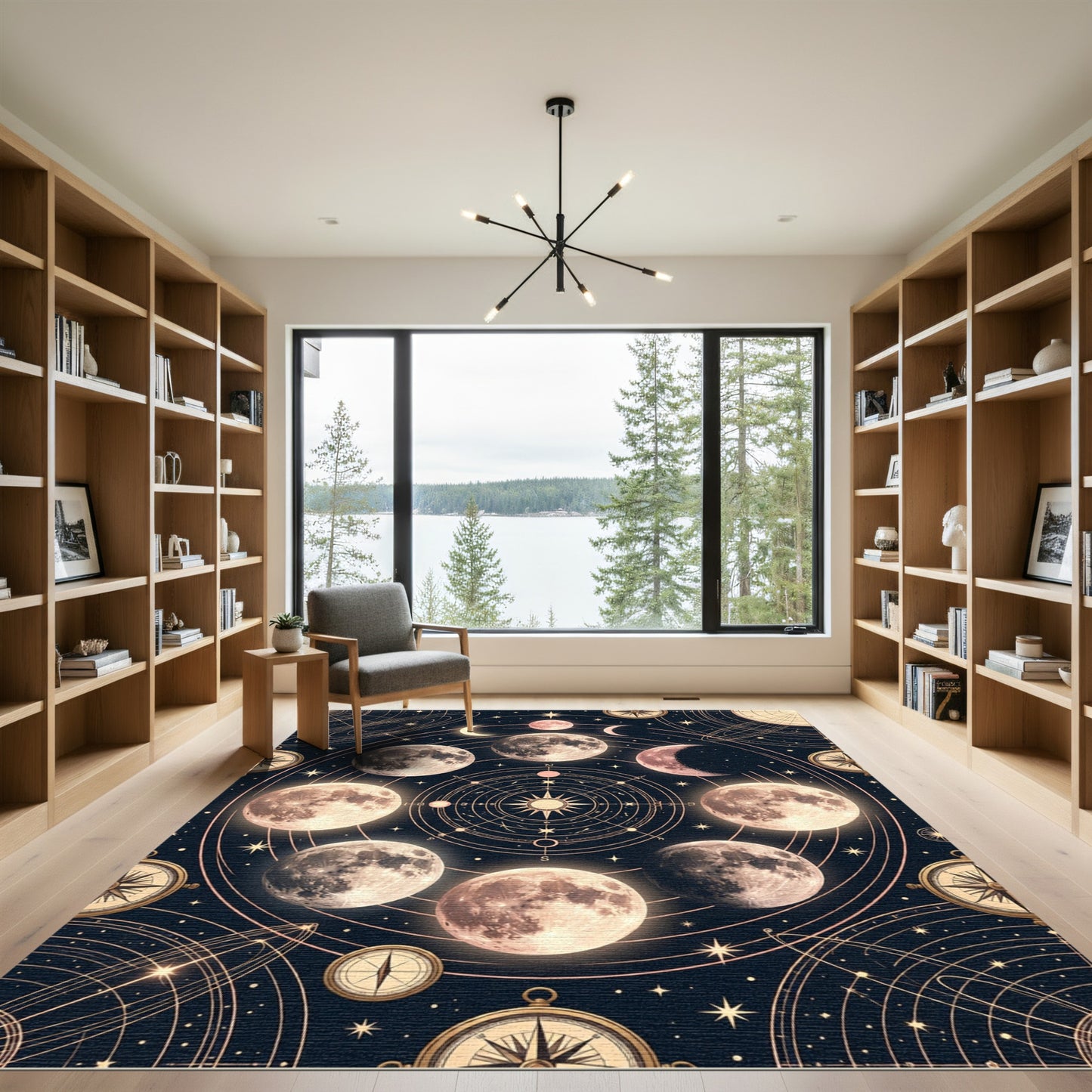 Celestial Lunar Phase Gold Astronomy Art Rug