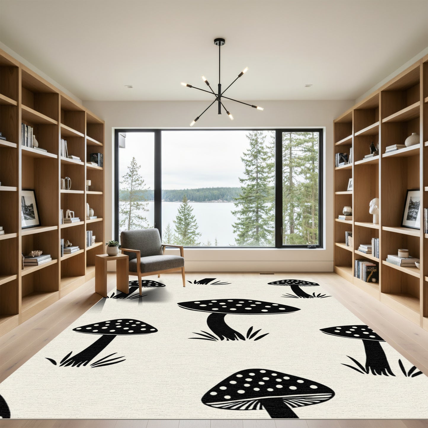 Black Spotted Mushroom Woodland Scene Rug
