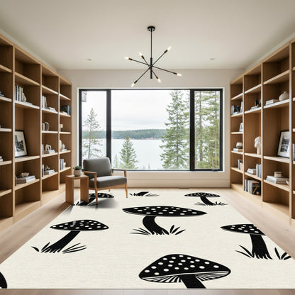 Black Spotted Mushroom Woodland Scene Rug
