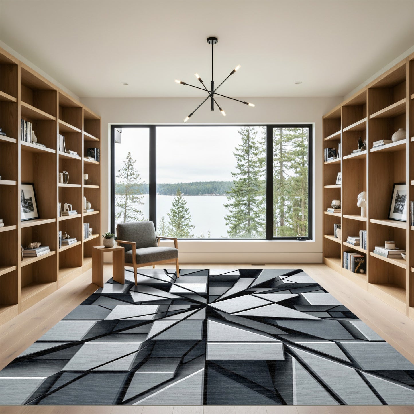 Monochrome Geometric Three Dimensional Abstract Cube Rug