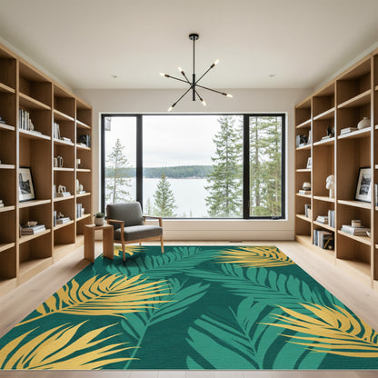 Gold Tropical Leaf Emerald Garden Rug