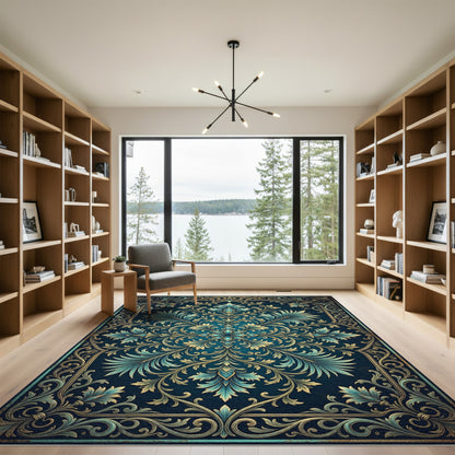Elegant Teal Gold Ornate Foliage Medallion Rug