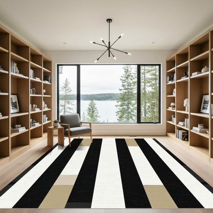 Bold Black White Beige Vertical Stripe Rug