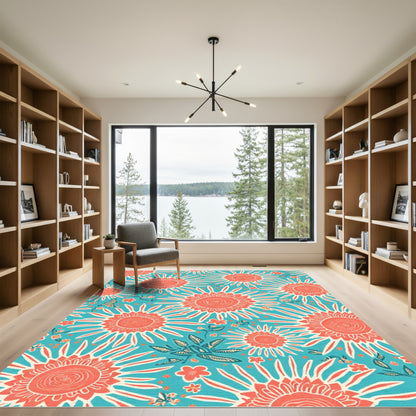 Coral Burst Sunburst Floral Print Rug