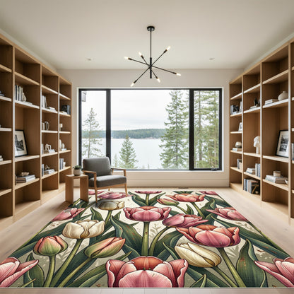 Vintage Pink Tulip Botanical Garden Rug