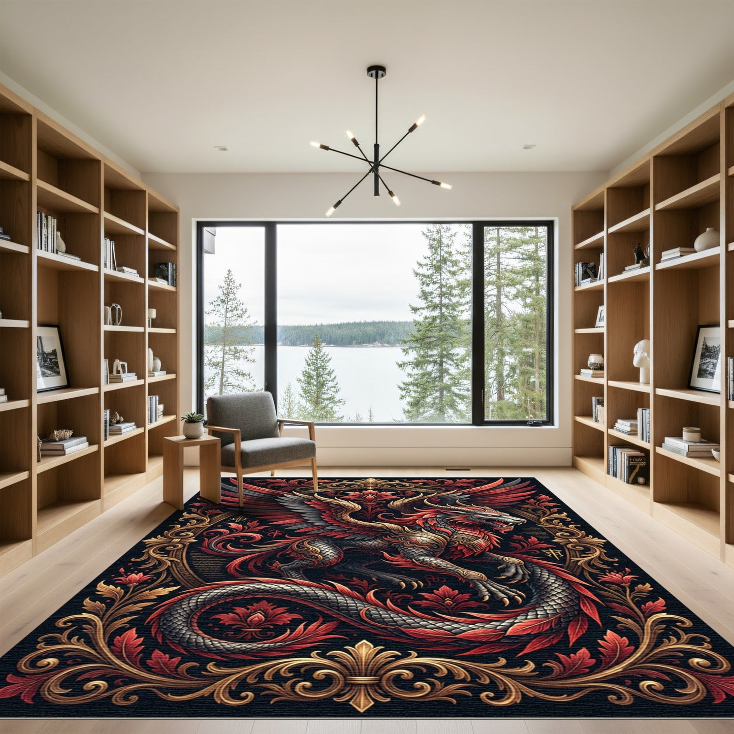 Mythical Crimson Winged Dragon Gold Ornament Rug