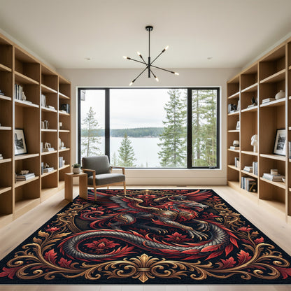 Mythical Crimson Winged Dragon Gold Ornament Rug
