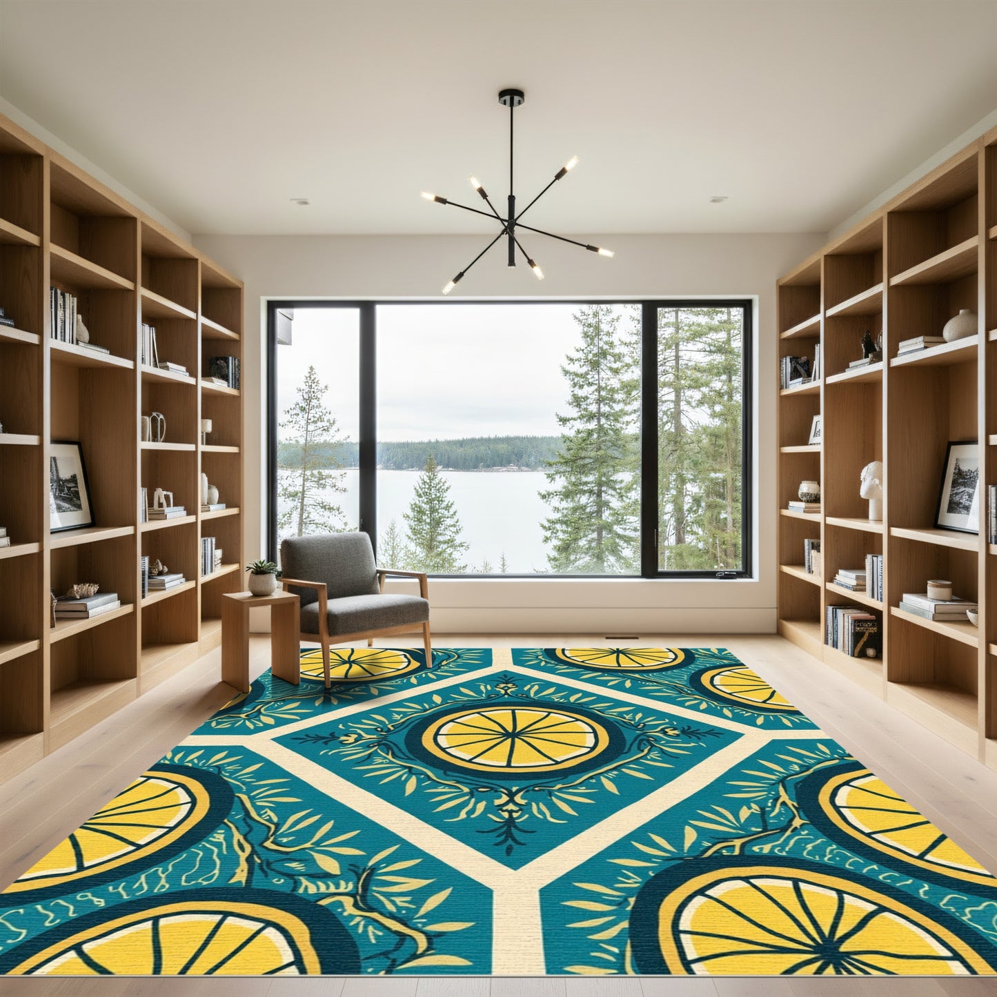 Teal Yellow Citrus Medallion Art Rug