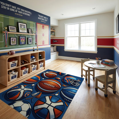 Navy Orange Basketball Football Helmet Rug