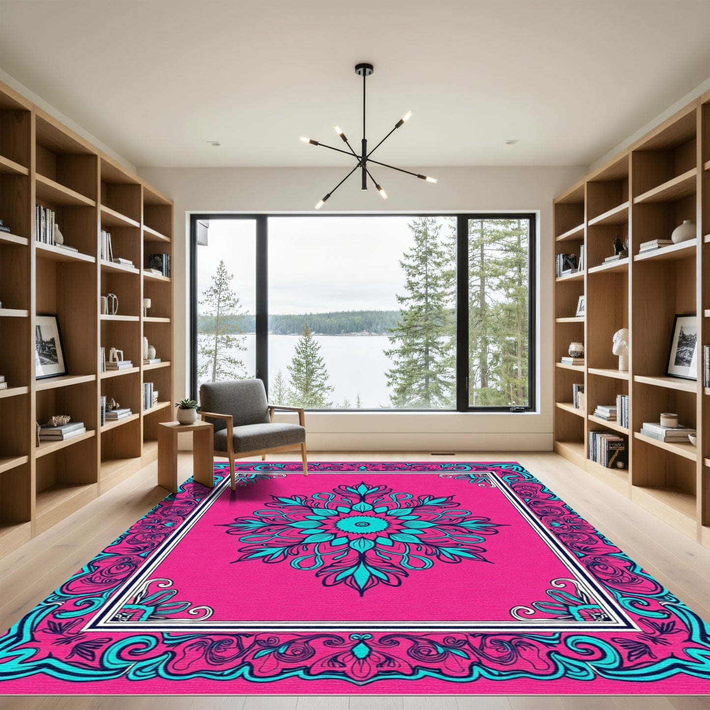 Vivid Pink Teal Mandala Frame Rug