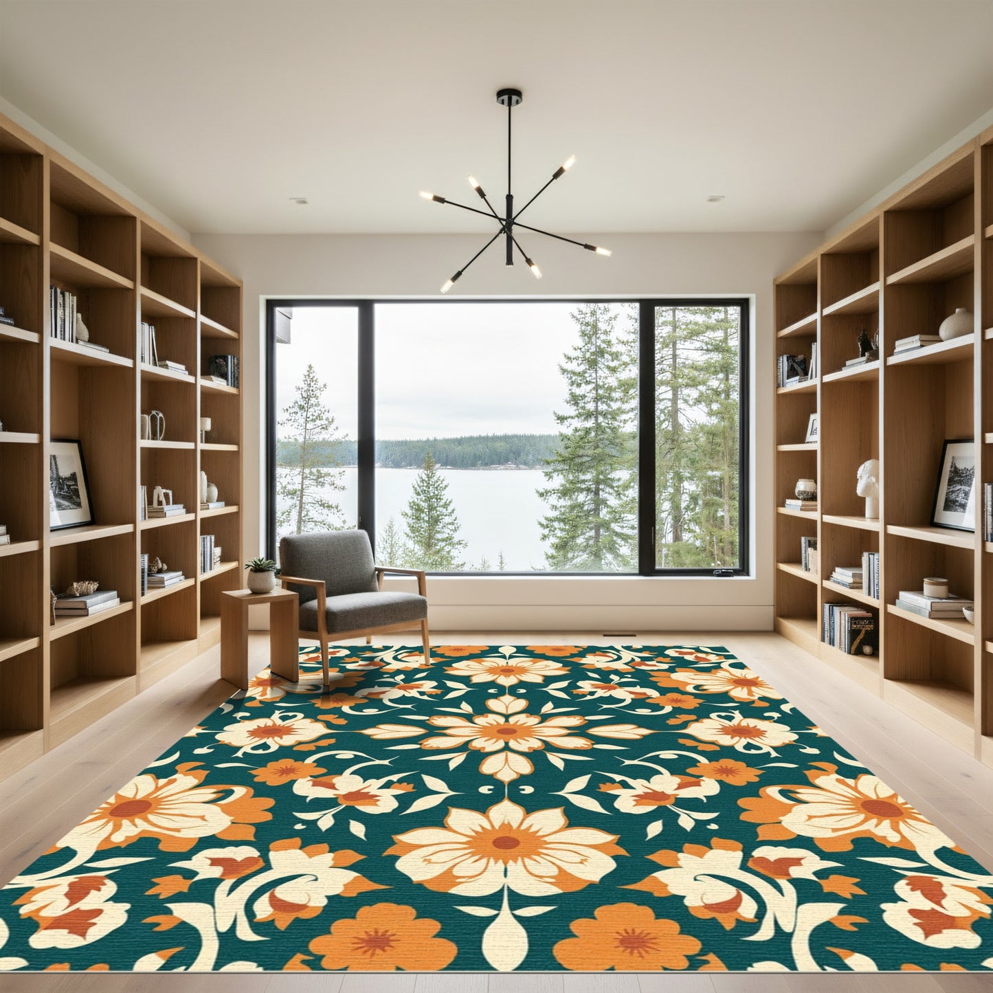 Dark Teal Orange Cream Floral Medallion Rug