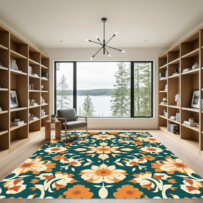 Dark Teal Orange Cream Floral Medallion Rug