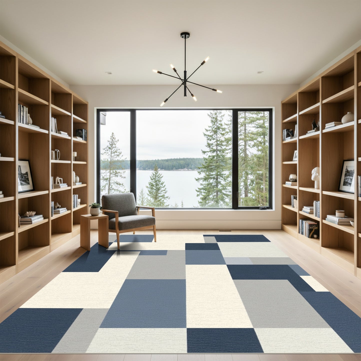 Abstract Blue Gray Geometric Blocks Rug