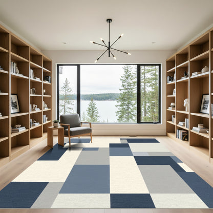 Abstract Blue Gray Geometric Blocks Rug