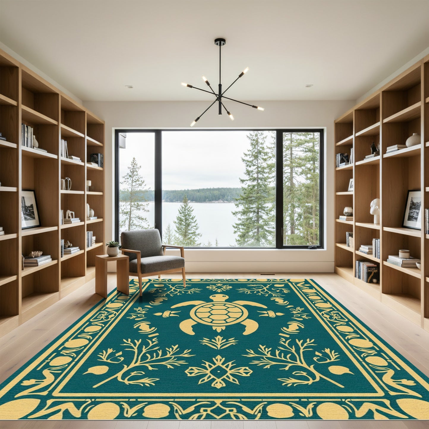 Golden Yellow Turtle Teal Border Rug