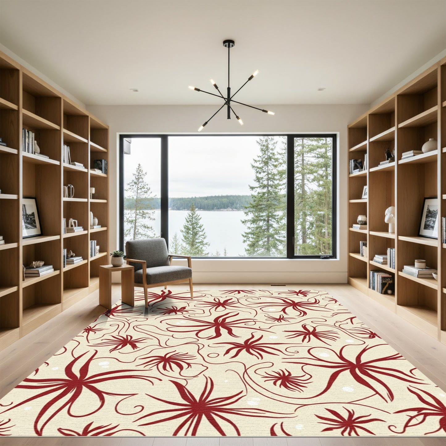 Crimson floral vines swirling abstractly Rug
