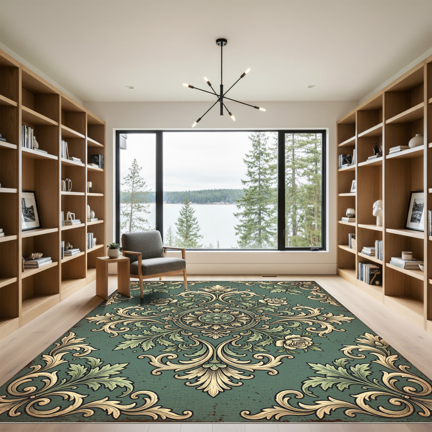 Sage Green Vintage Rose Damask Medallion Rug