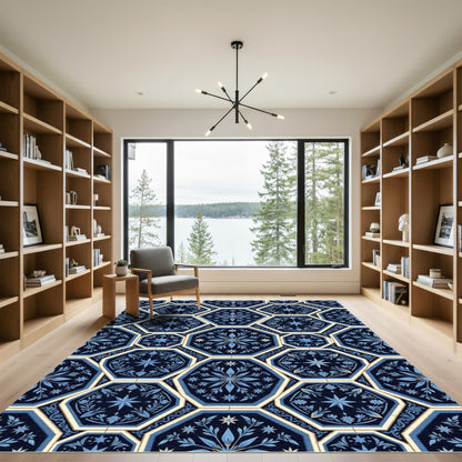 Navy Blue Geometric Floral Star Rug