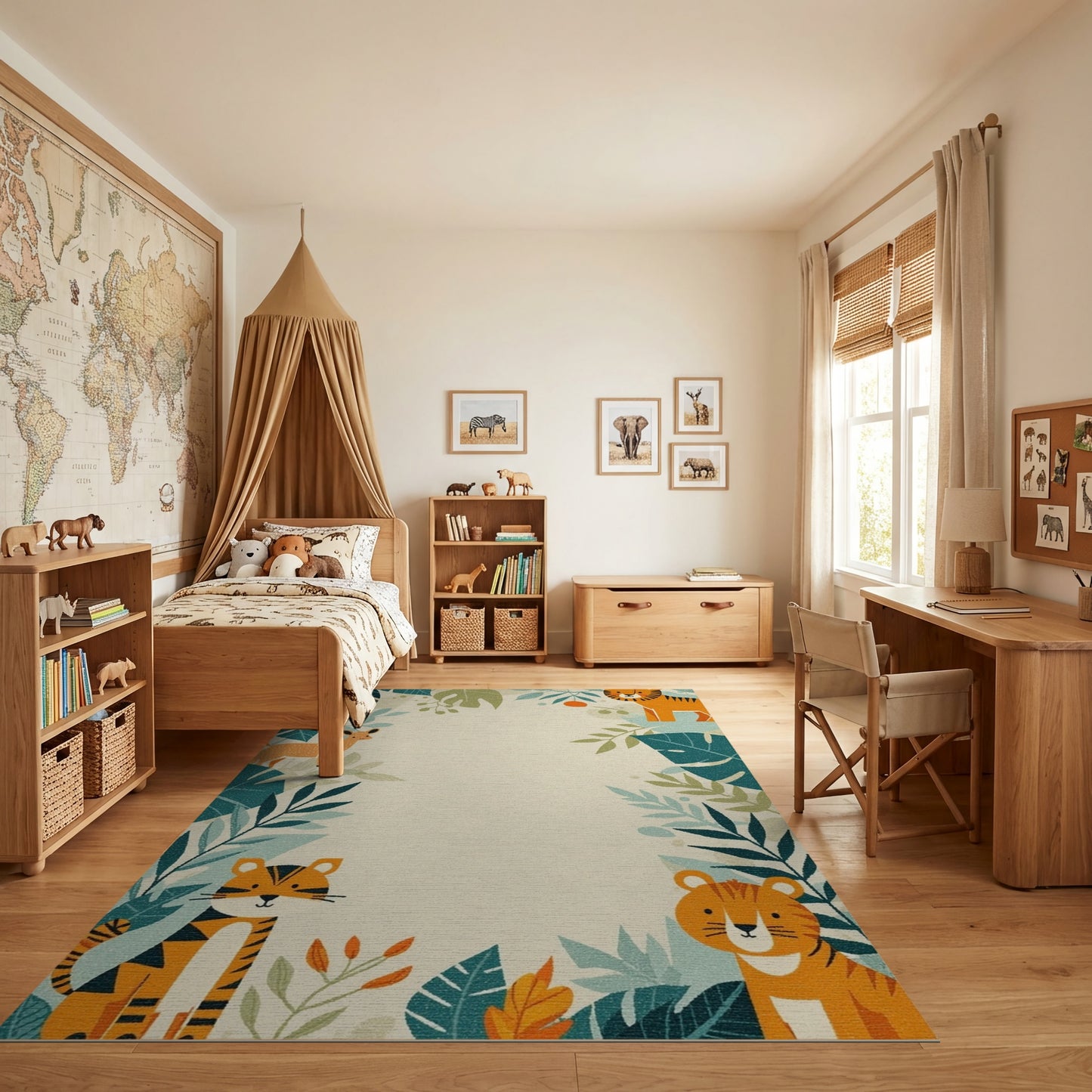 Playful Orange Tigers Deer Leafy Jungle Rug