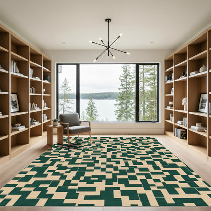Green Tan Abstract Square Collage Rug