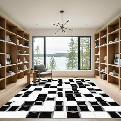 Black White Curved Square Composition Rug