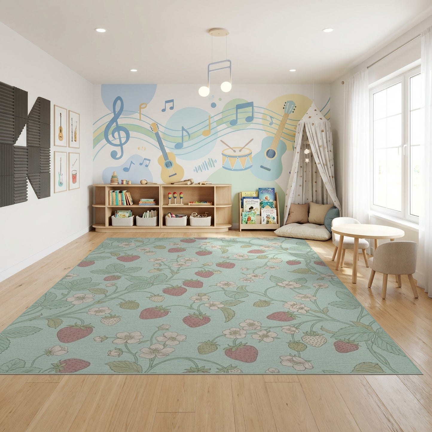 Whimsical Pastel Strawberry Floral Vine Rug