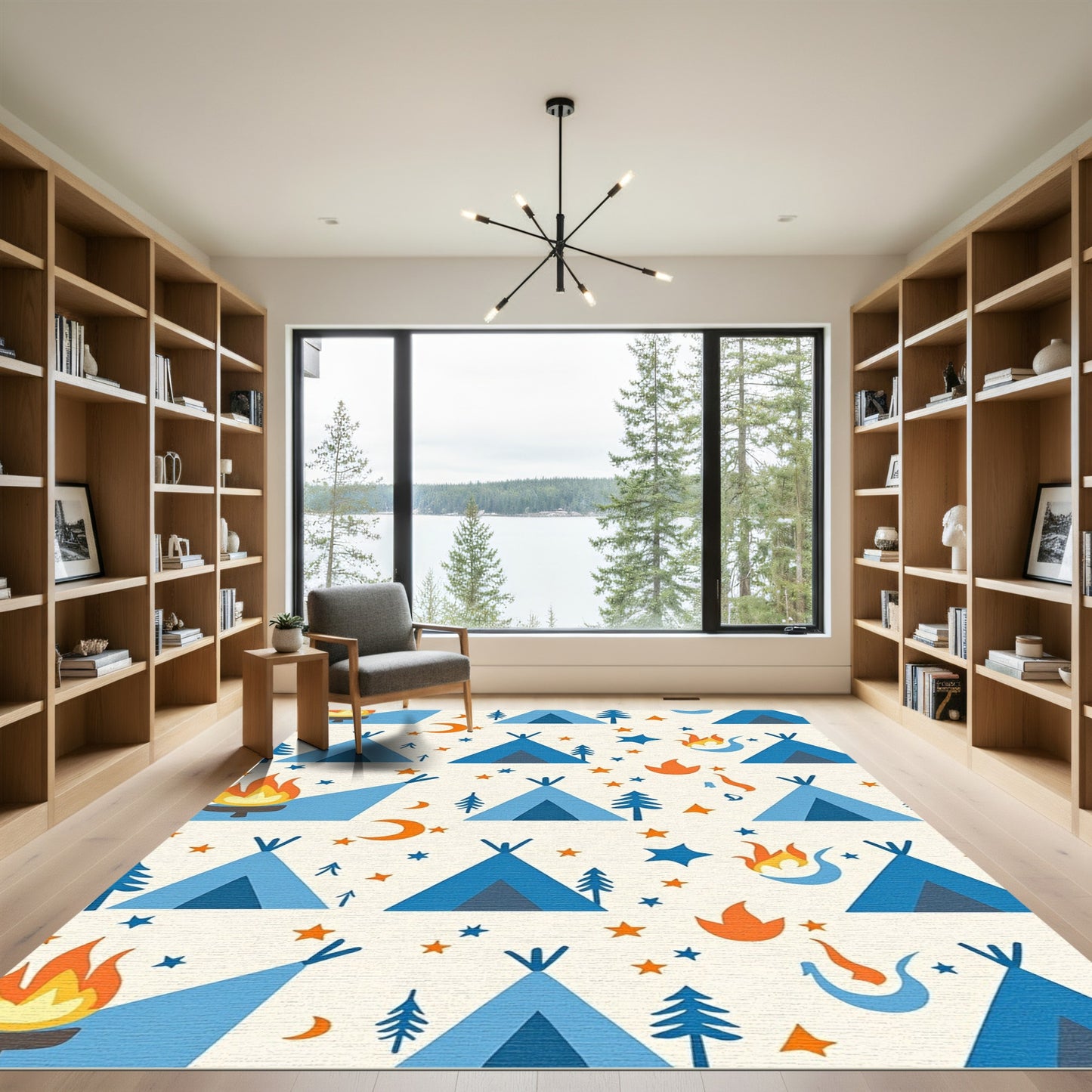 Blue Teepees Campfire Stars Moon Rug