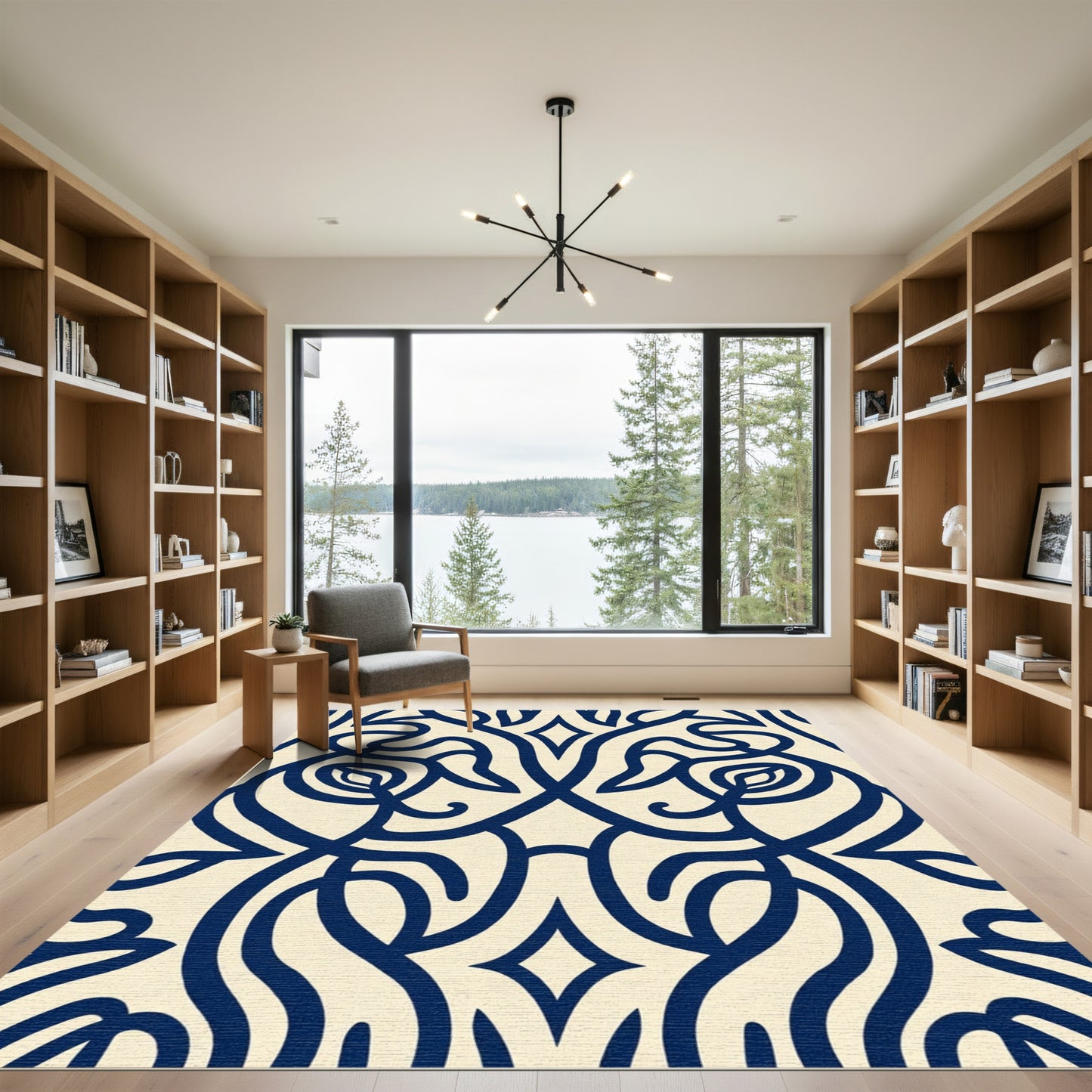 Deep Blue Elegant Swirl Botanical Rug