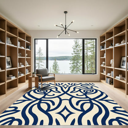Deep Blue Elegant Swirl Botanical Rug