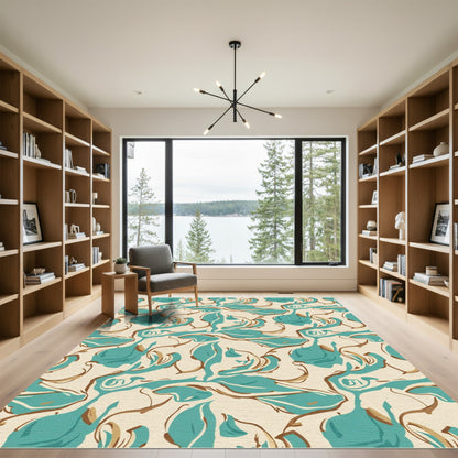Teal and Gold Abstract Swirl Rug