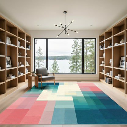 Teal Pink Beige Geometric Blocks Rug