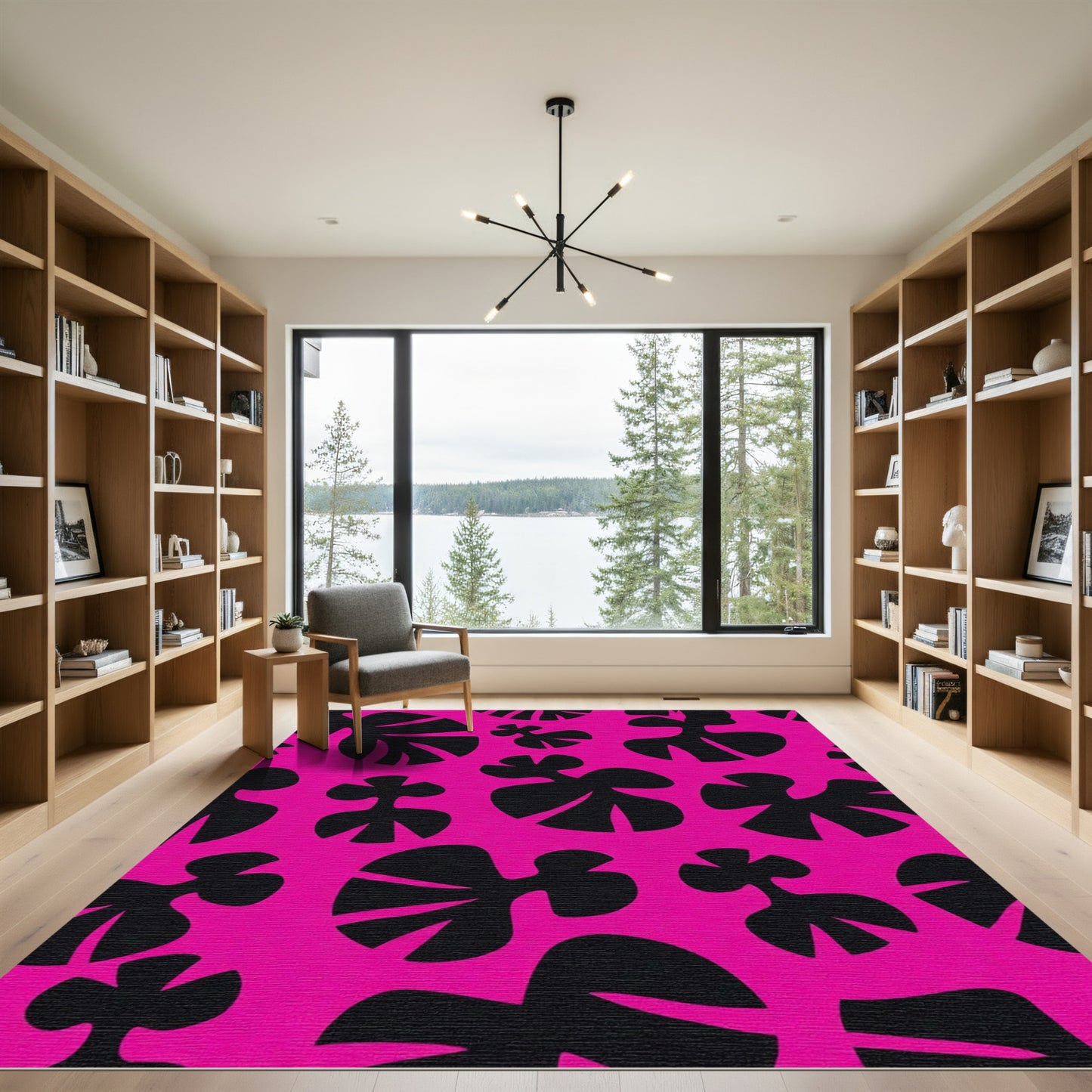 Bold Pink Black Abstract Floral Rug