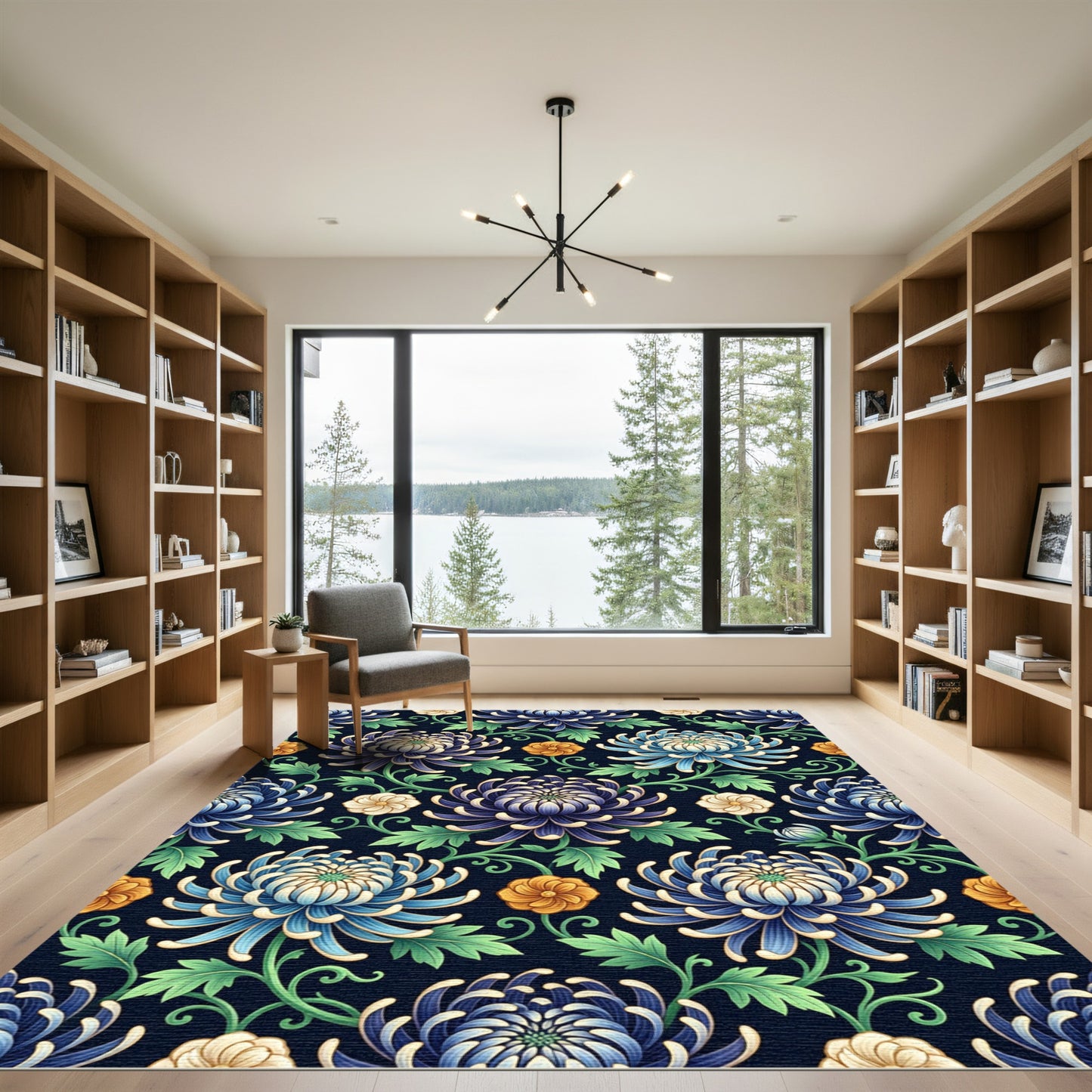 Crimson Blue Chrysanthemum Floral Vine Rug