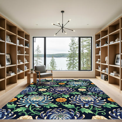 Crimson Blue Chrysanthemum Floral Vine Rug