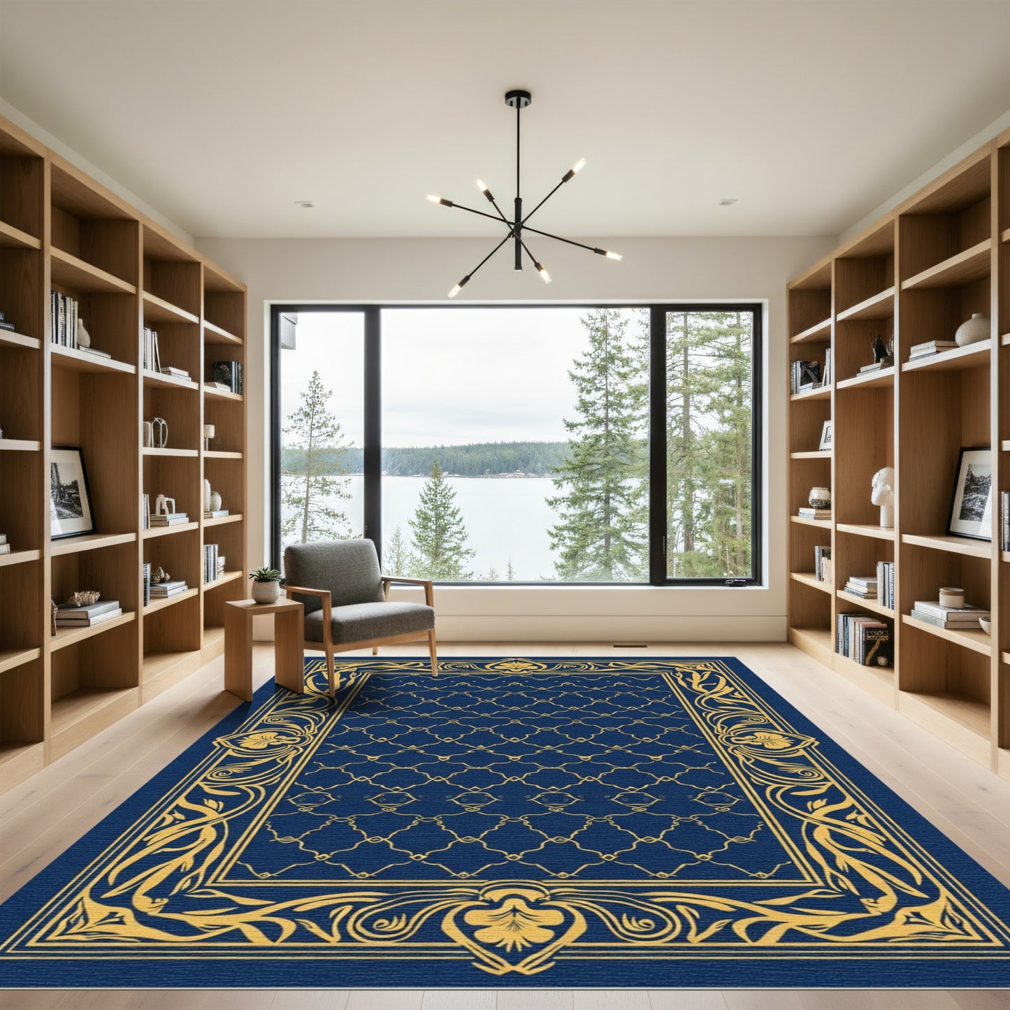 Ornate Gold Vine Border Navy Rug